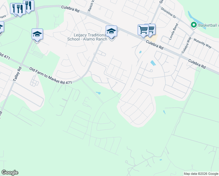 map of restaurants, bars, coffee shops, grocery stores, and more near 9179 Old Farm to Market 471 West in San Antonio