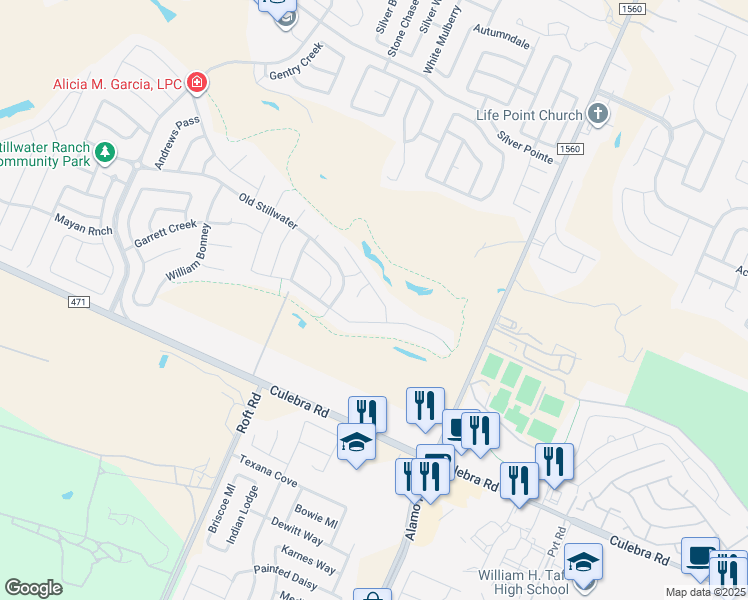 map of restaurants, bars, coffee shops, grocery stores, and more near 7519 McKinney Hills in San Antonio