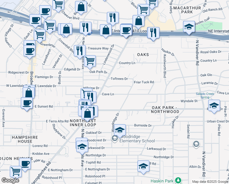map of restaurants, bars, coffee shops, grocery stores, and more near 226 Hillview Drive in San Antonio
