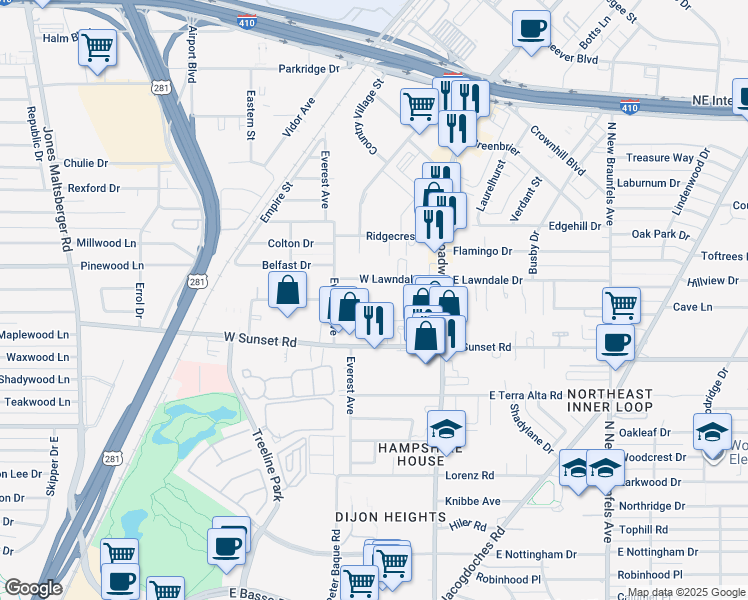 map of restaurants, bars, coffee shops, grocery stores, and more near 1600 West Lawndale Drive in San Antonio