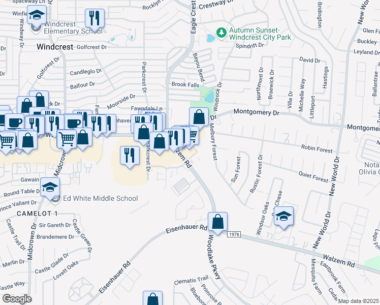 map of restaurants, bars, coffee shops, grocery stores, and more near 6030 Montgomery Drive in San Antonio