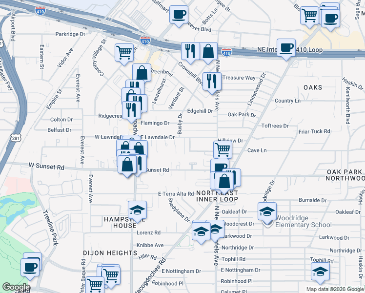map of restaurants, bars, coffee shops, grocery stores, and more near 30 Court Circle in San Antonio