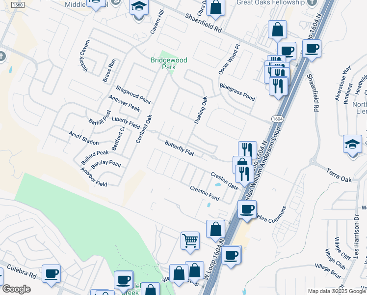 map of restaurants, bars, coffee shops, grocery stores, and more near 10731 Barbwire Pass in San Antonio