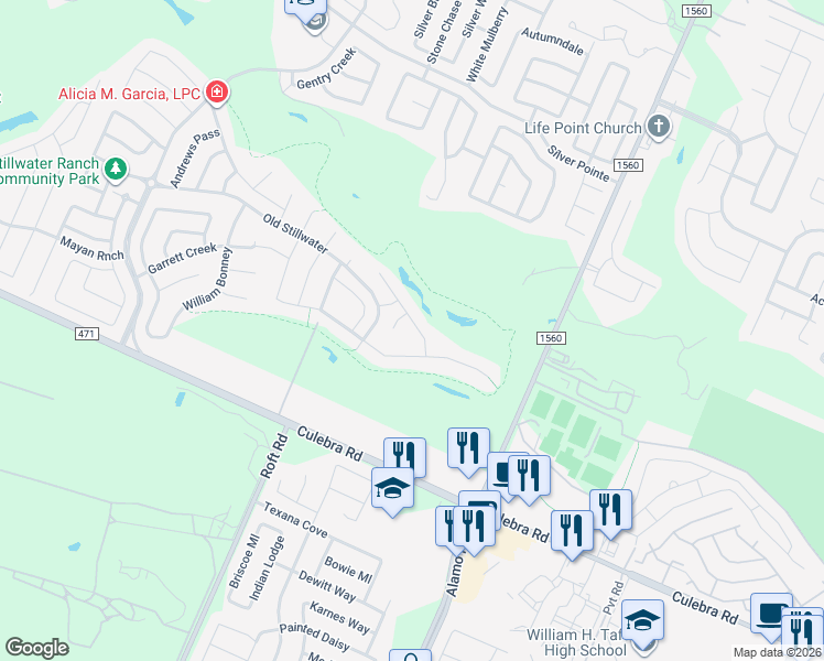 map of restaurants, bars, coffee shops, grocery stores, and more near 7530 McKinney Hills in San Antonio