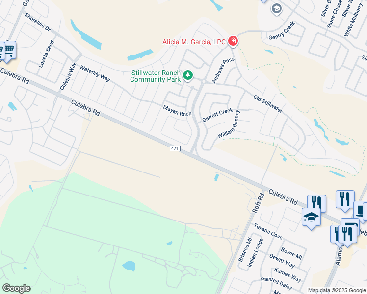 map of restaurants, bars, coffee shops, grocery stores, and more near 12510 Quarter J in San Antonio