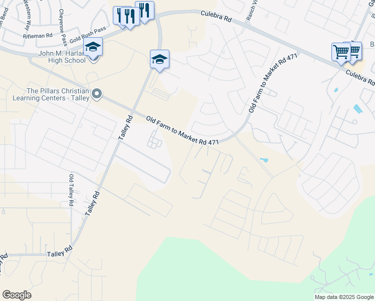 map of restaurants, bars, coffee shops, grocery stores, and more near 15464 Old Farm to Market Road 471 West in San Antonio