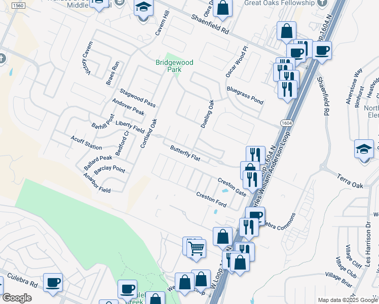 map of restaurants, bars, coffee shops, grocery stores, and more near 10731 Barbwire Pass in San Antonio
