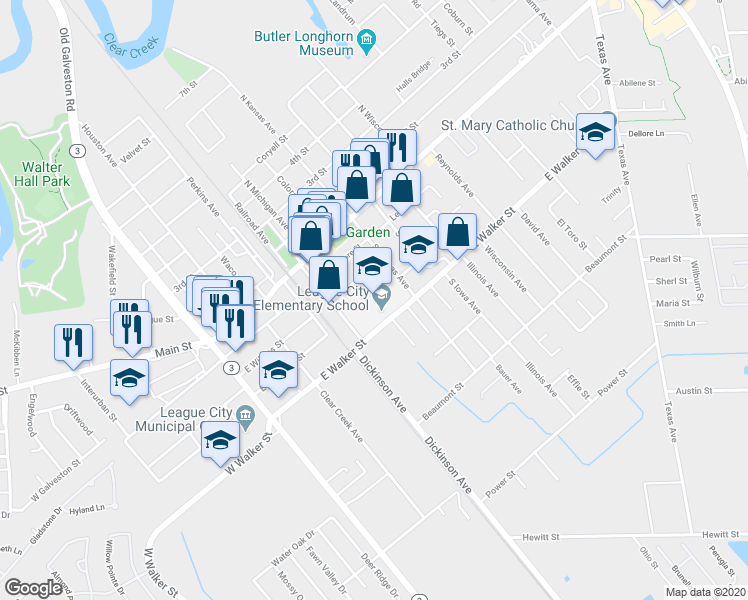 map of restaurants, bars, coffee shops, grocery stores, and more near 709 East Wilkins Street in League City