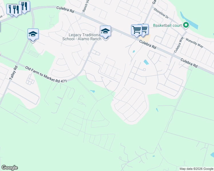 map of restaurants, bars, coffee shops, grocery stores, and more near 13690 West Fm 471 in San Antonio