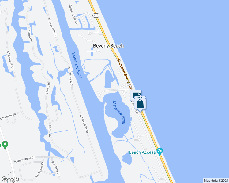 map of restaurants, bars, coffee shops, grocery stores, and more near 301 Ocean Marina Drive in Flagler Beach