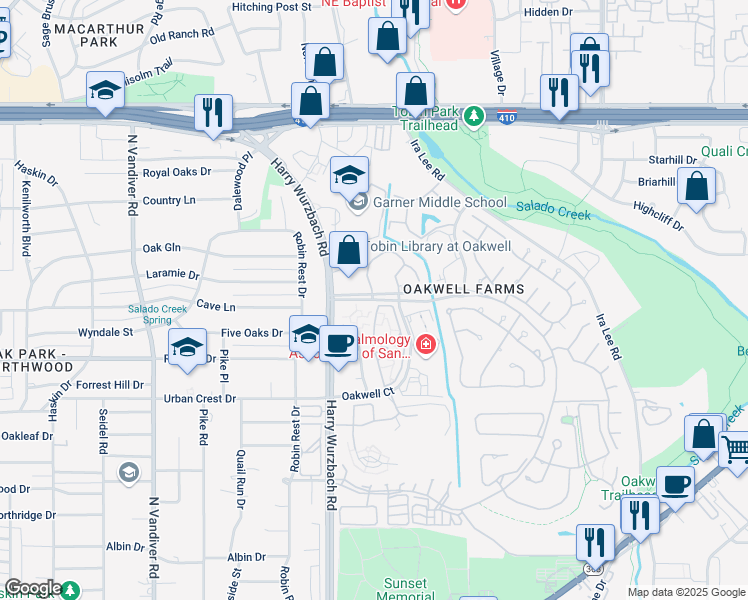 map of restaurants, bars, coffee shops, grocery stores, and more near 1978 Oakwell Farms Parkway in San Antonio