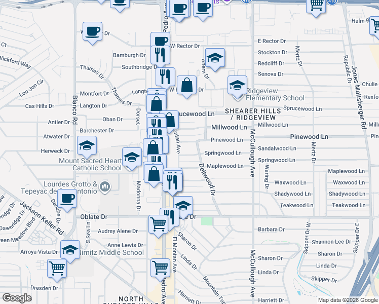 map of restaurants, bars, coffee shops, grocery stores, and more near 106 Pinewood Lane in San Antonio