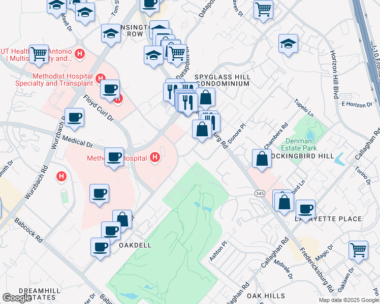 map of restaurants, bars, coffee shops, grocery stores, and more near 7733 Louis Pasteur Drive in San Antonio