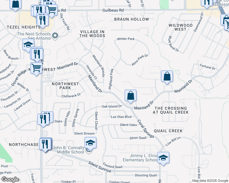 map of restaurants, bars, coffee shops, grocery stores, and more near 10119 Winton Park Drive in San Antonio