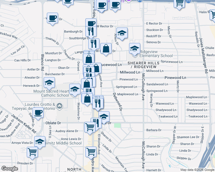 map of restaurants, bars, coffee shops, grocery stores, and more near 106 Pinewood Lane in San Antonio