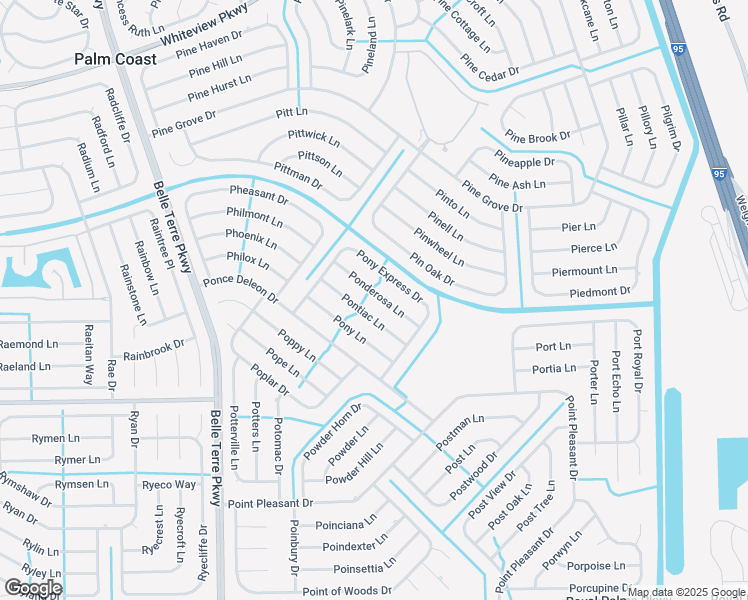map of restaurants, bars, coffee shops, grocery stores, and more near 17 Ponderosa Lane in Palm Coast