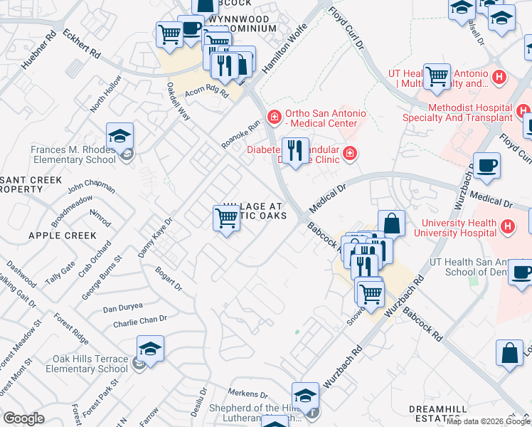 map of restaurants, bars, coffee shops, grocery stores, and more near 7723 Rustic Park in San Antonio