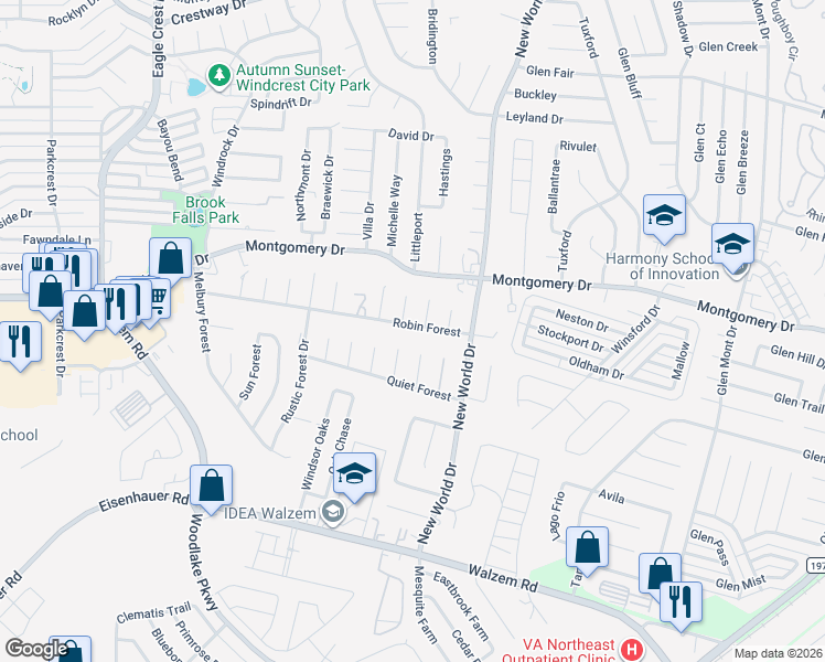 map of restaurants, bars, coffee shops, grocery stores, and more near 8103 Green Forest in San Antonio
