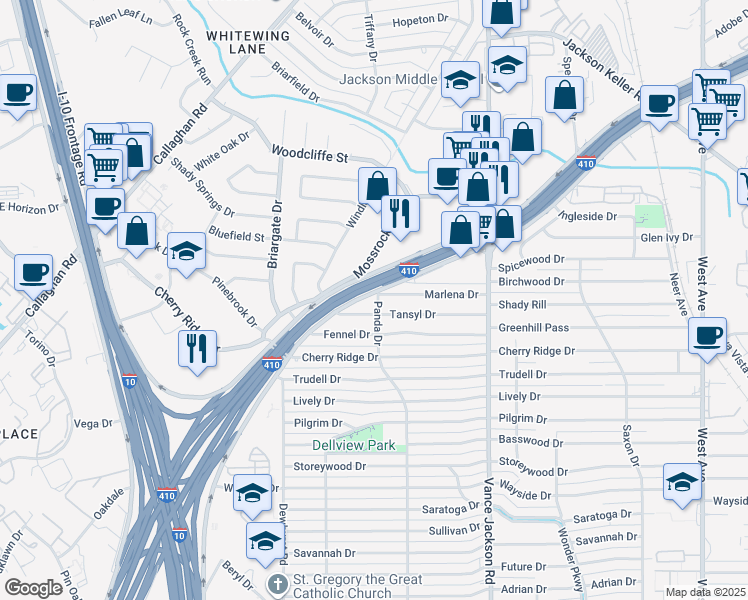map of restaurants, bars, coffee shops, grocery stores, and more near 179 Marlena Drive in San Antonio