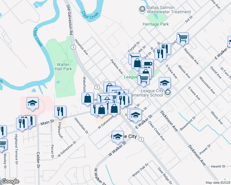 map of restaurants, bars, coffee shops, grocery stores, and more near 309 Houston Avenue in League City