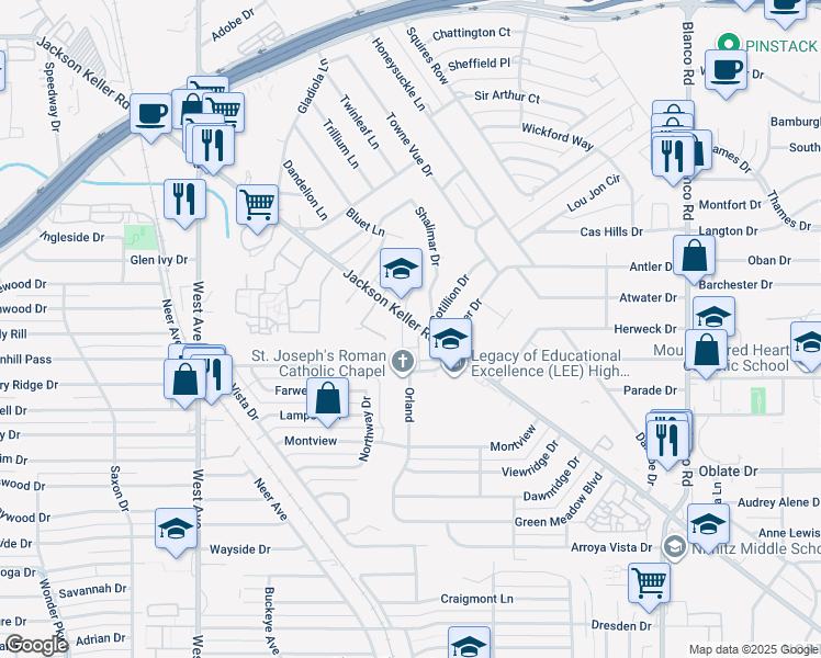 map of restaurants, bars, coffee shops, grocery stores, and more near 1511 Jackson Keller Road in San Antonio