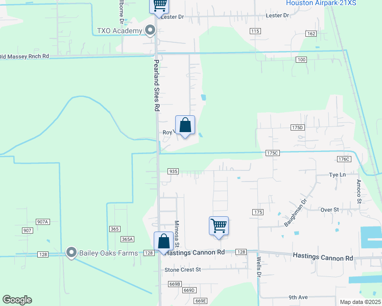 map of restaurants, bars, coffee shops, grocery stores, and more near 18119A Roy Long Road in Pearland