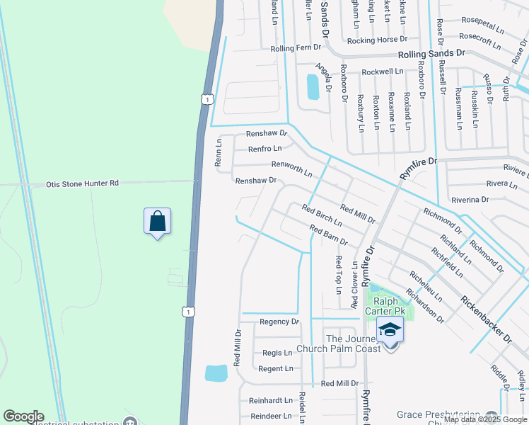 map of restaurants, bars, coffee shops, grocery stores, and more near 89 Red Mill Drive in Palm Coast