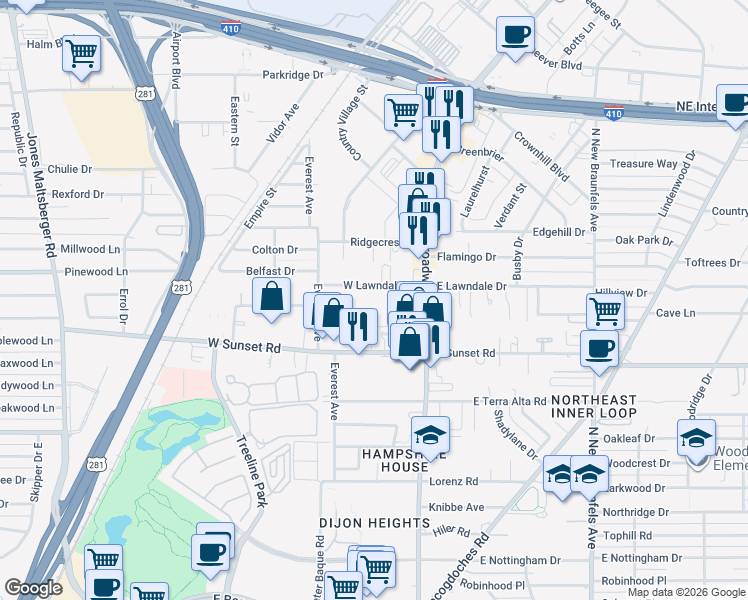 map of restaurants, bars, coffee shops, grocery stores, and more near 1612 West Lawndale Drive in San Antonio