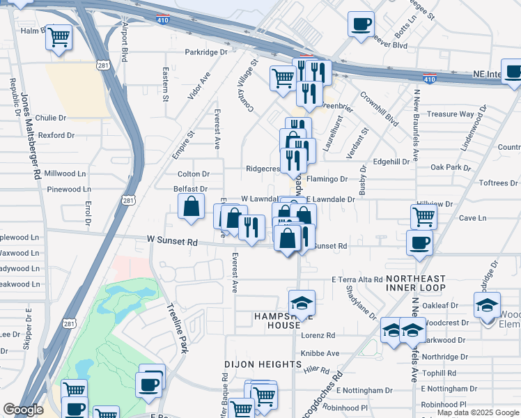 map of restaurants, bars, coffee shops, grocery stores, and more near 1612 West Lawndale Drive in San Antonio