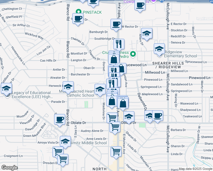 map of restaurants, bars, coffee shops, grocery stores, and more near 7061 San Pedro Avenue in San Antonio
