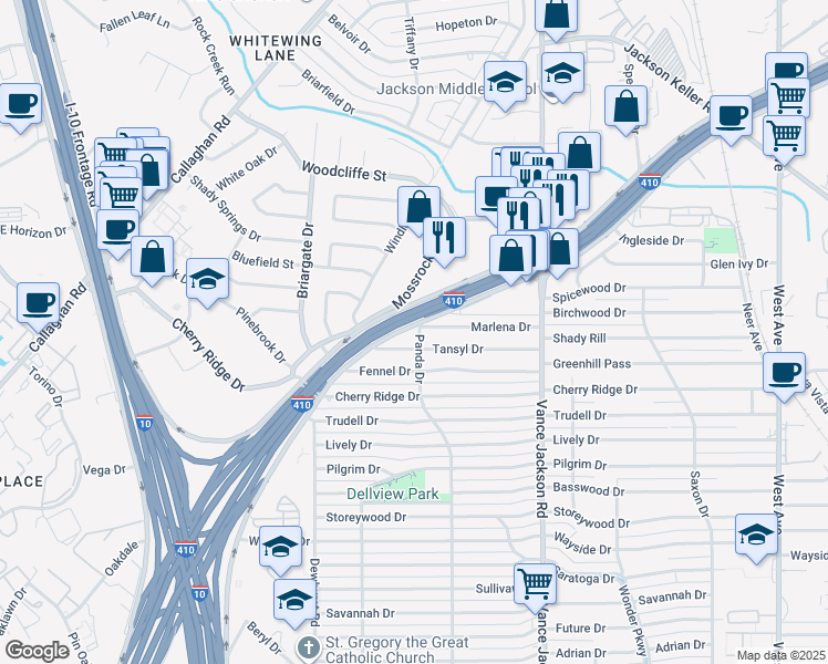 map of restaurants, bars, coffee shops, grocery stores, and more near 179 Marlena Drive in San Antonio