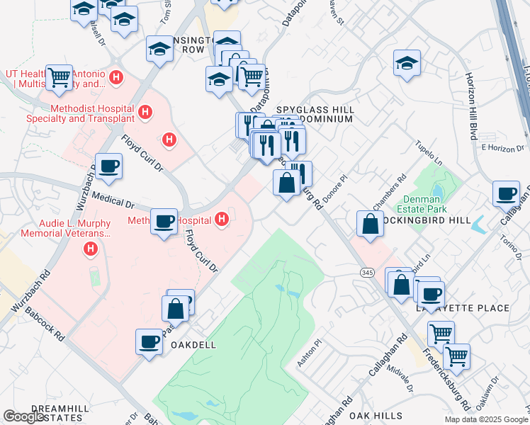 map of restaurants, bars, coffee shops, grocery stores, and more near 7733 Louis Pasteur Drive in San Antonio