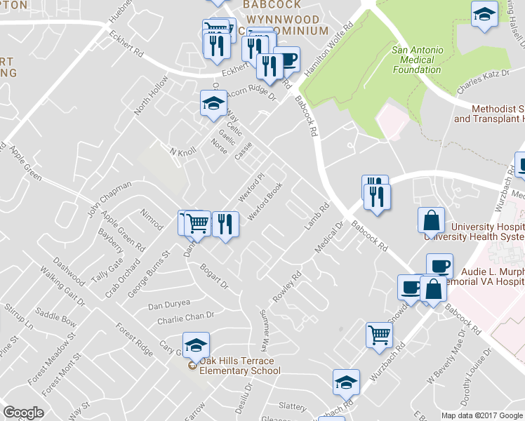 map of restaurants, bars, coffee shops, grocery stores, and more near 7703 Wexford Cove in San Antonio