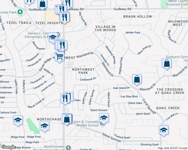 map of restaurants, bars, coffee shops, grocery stores, and more near 7334 Oswego Drive in San Antonio