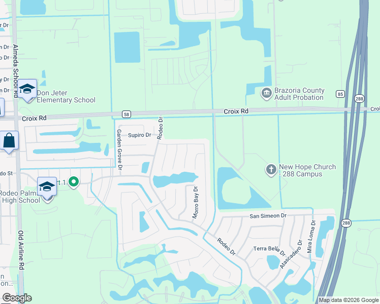 map of restaurants, bars, coffee shops, grocery stores, and more near 26 Lazy Swing Court in Manvel