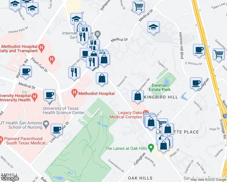 map of restaurants, bars, coffee shops, grocery stores, and more near 7719 Louis Pasteur Ct in San Antonio