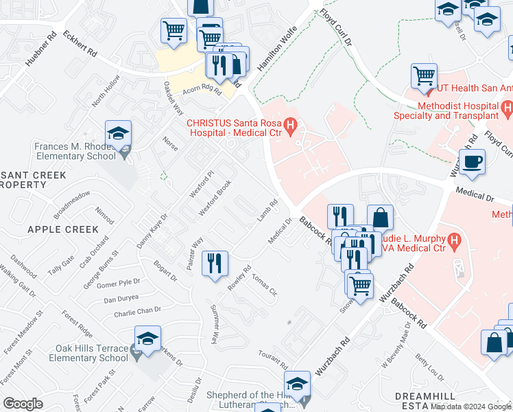 map of restaurants, bars, coffee shops, grocery stores, and more near 7723 Rustic Park in San Antonio
