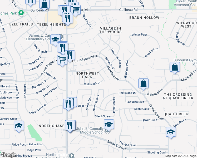 map of restaurants, bars, coffee shops, grocery stores, and more near 7334 Oswego Drive in San Antonio