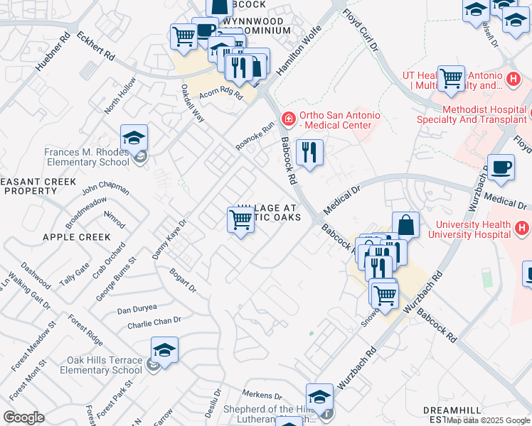 map of restaurants, bars, coffee shops, grocery stores, and more near 7830 Rustic Park in San Antonio