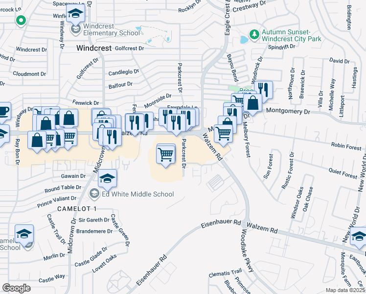 map of restaurants, bars, coffee shops, grocery stores, and more near Parkcrest Drive in San Antonio