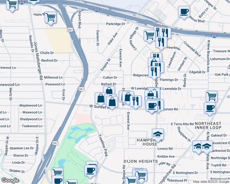 map of restaurants, bars, coffee shops, grocery stores, and more near 1515 East Sandalwood Lane in San Antonio