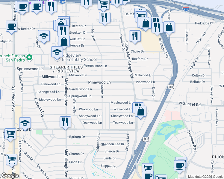 map of restaurants, bars, coffee shops, grocery stores, and more near 415 Sandalwood Lane in San Antonio
