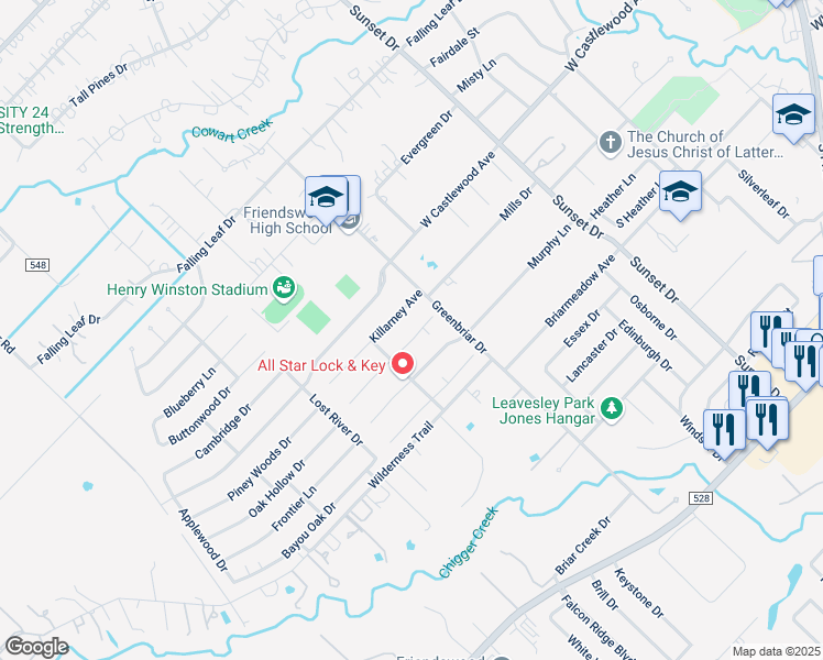map of restaurants, bars, coffee shops, grocery stores, and more near 1012 Killarney Avenue in Friendswood