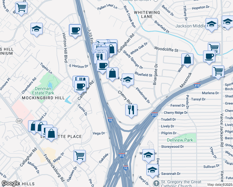 map of restaurants, bars, coffee shops, grocery stores, and more near 7839 Frontage Road in San Antonio