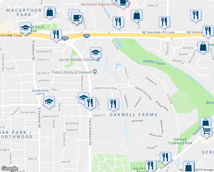 map of restaurants, bars, coffee shops, grocery stores, and more near 1973 Oakwell Farms Parkway in San Antonio