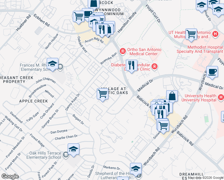 map of restaurants, bars, coffee shops, grocery stores, and more near 7830 Rustic Park in San Antonio