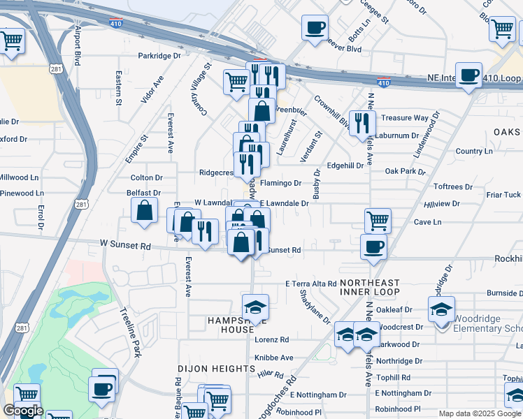 map of restaurants, bars, coffee shops, grocery stores, and more near 8058 Broadway in San Antonio