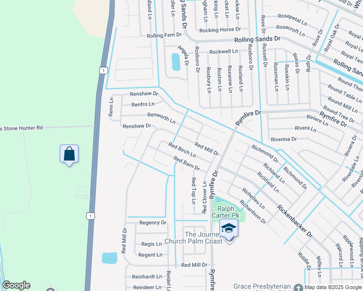map of restaurants, bars, coffee shops, grocery stores, and more near 24 Red Birch Lane in Palm Coast