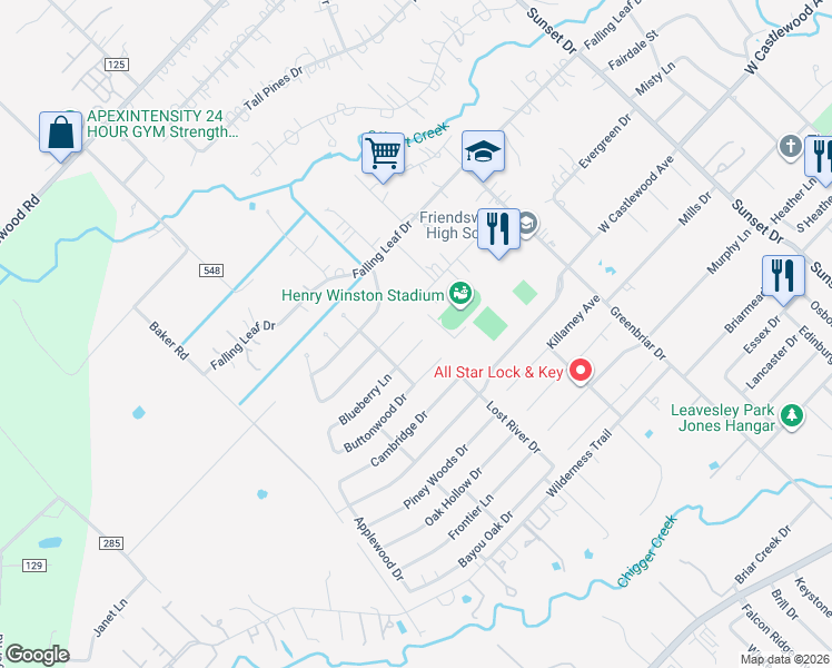 map of restaurants, bars, coffee shops, grocery stores, and more near 1204 Blueberry Lane in Friendswood