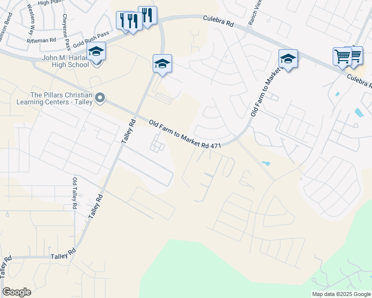 map of restaurants, bars, coffee shops, grocery stores, and more near 15464 Old Farm to Market Road 471 West in San Antonio